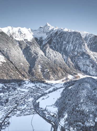 Aerial view of the Ötztal Valley in winter, Austria