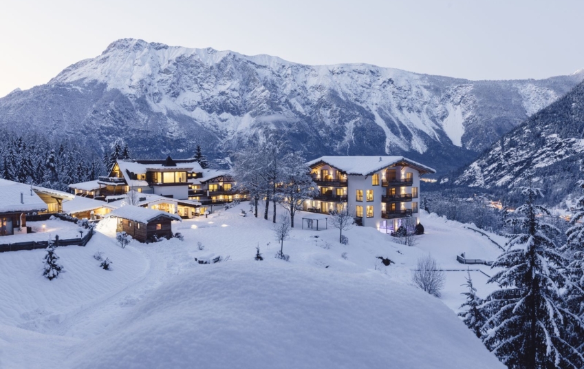 The hotel at dusk in winter, Ötztal Valley