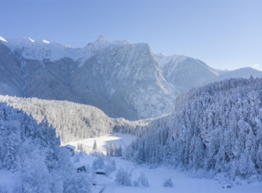 Snow-covered forest and mountains in the Ötztal Valley
